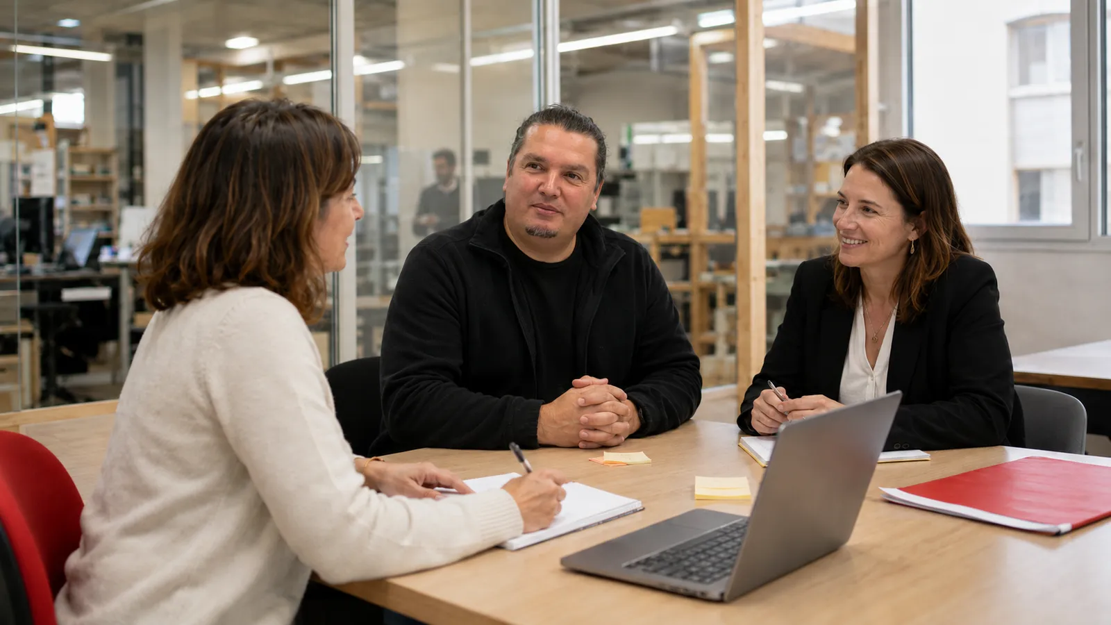 Entretien de collecte terrain d'un audit IA, une consultante SmartForge recueille les irritants de deux collaborateurs