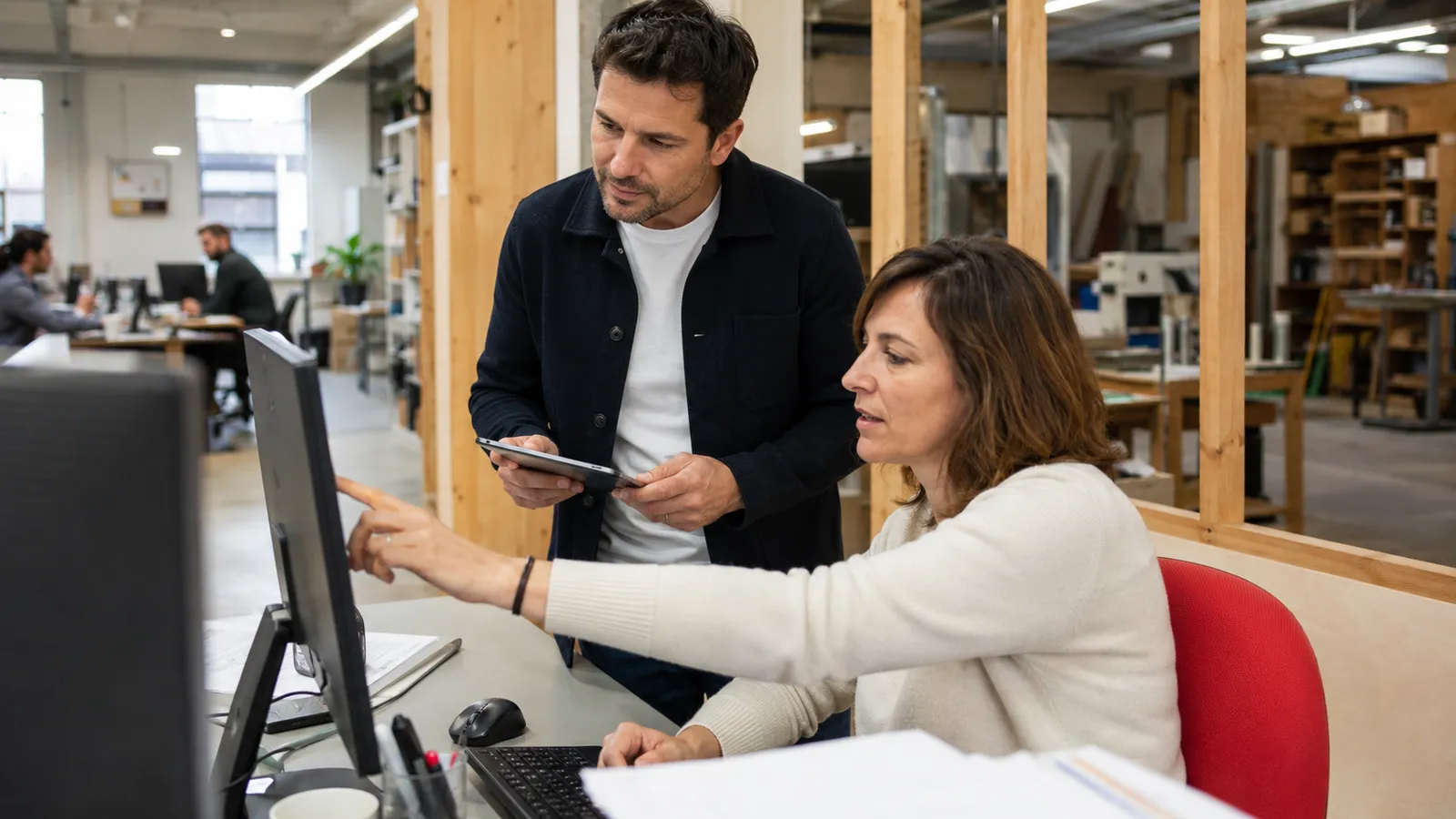 Consultant SmartForge en immersion terrain lors d'un audit IA, observant le poste de travail d'une collaboratrice en PME
